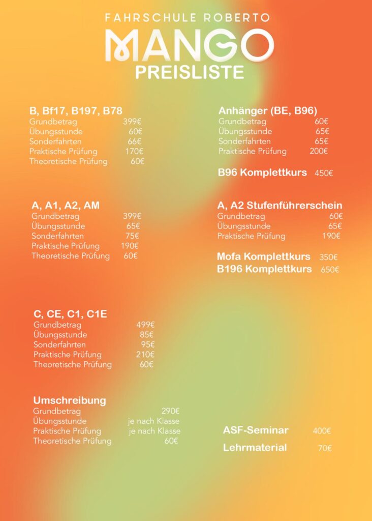 Fahrschule Roberto Mango Preisliste